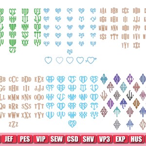 May include: A collection of monogram designs in various fonts and styles, including heart and diamond shapes. The designs feature letters A through Z, in multiple colors, with the file type formats listed at the bottom.