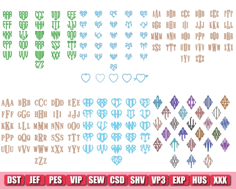 May include: A collection of monogram designs in various fonts and styles, including heart and diamond shapes. The designs feature letters A through Z, in multiple colors, with the file type formats listed at the bottom.
