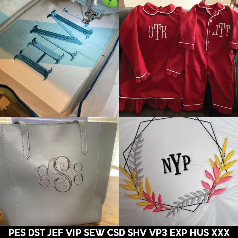 May include: An embroidery machine stitching the letters "NH" in blue thread on a light blue and white fabric. A red pajama set with white trim and the letters "OTK" embroidered on the top and "ITT" on the onesie. A gray tote bag with embroidered initials. A white fabric with the letters "NYP" and a floral design.
