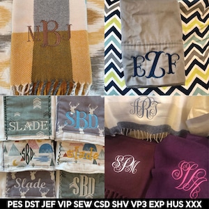 May include: Assortment of personalized blankets and scarves. The items feature embroidered initials and names in various colors. The blankets have fringed edges and the scarves have plaid patterns. The image includes the text "SLADE" and "SBD".