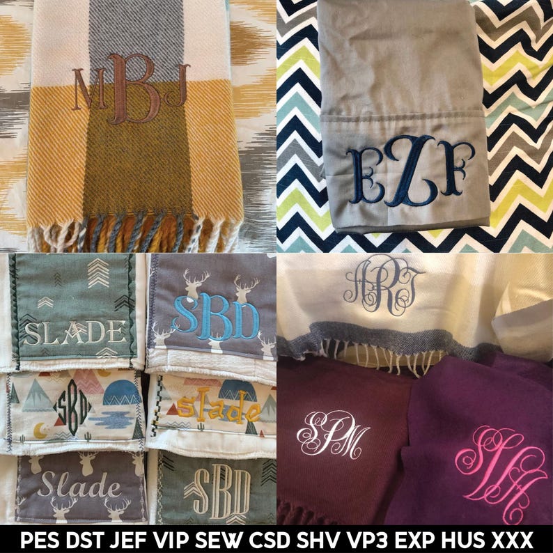 May include: Assortment of personalized blankets and scarves. The items feature embroidered initials and names in various colors. The blankets have fringed edges and the scarves have plaid patterns. The image includes the text "SLADE" and "SBD".