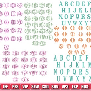 May include: A sheet of paper with a variety of alphabet letters in different colors and styles. The letters are in a variety of fonts, including script, block, and cursive. The letters are arranged in rows and columns. The letters are in the colors pink, green, orange, and teal. The letters are for embroidery and are in the following formats: DST, JEF, PES, VIP, SEW, CSD, SHV, VP3, EXP, HUS, XXX.