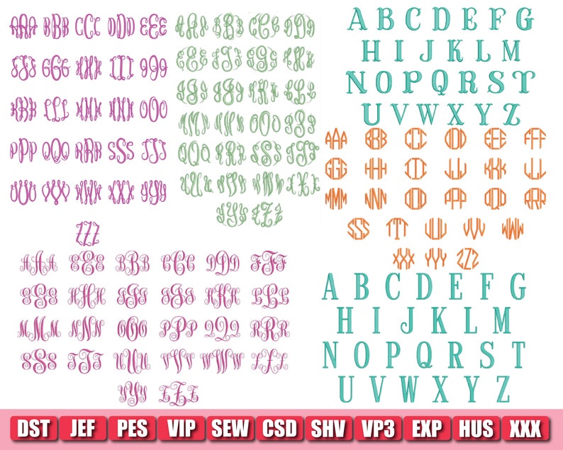 May include: A sheet of paper with a variety of alphabet letters in different colors and styles. The letters are in a variety of fonts, including script, block, and cursive. The letters are arranged in rows and columns. The letters are in the colors pink, green, orange, and teal. The letters are for embroidery and are in the following formats: DST, JEF, PES, VIP, SEW, CSD, SHV, VP3, EXP, HUS, XXX.