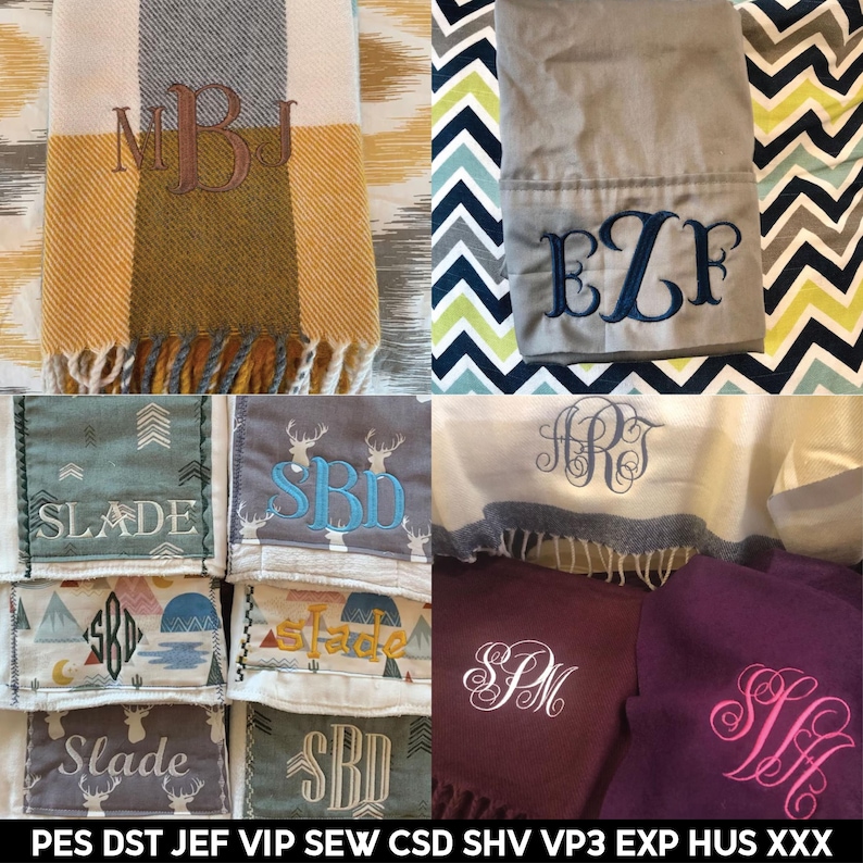 May include: A collage of images showing different embroidered blankets with various monograms. The monograms include the letters MBJ, EZF, ART, SBD, SM, and JF. The blankets are in a variety of colors and patterns, including gray, brown, white, and blue.