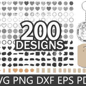 May include: A collection of 200 black and white SVG, PNG, DXF, EPS, and PDF designs. The designs include hearts, wreaths, circles, stars, and brush strokes. There is also a keychain with a line drawing of a woman's face with flowers in her hair.