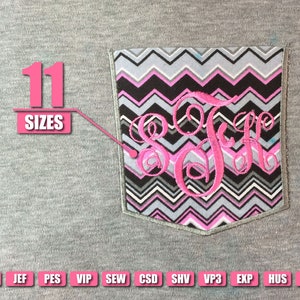 May include: A gray sweatshirt with a pink and black chevron pocket. The pocket has a pink monogram embroidered on it. The text "11 SIZES" is written in pink on the sweatshirt. The text "DST JEF PES VIP SEW CSD SHV VP3 EXP HUS XXX" is written in white on a gray background.