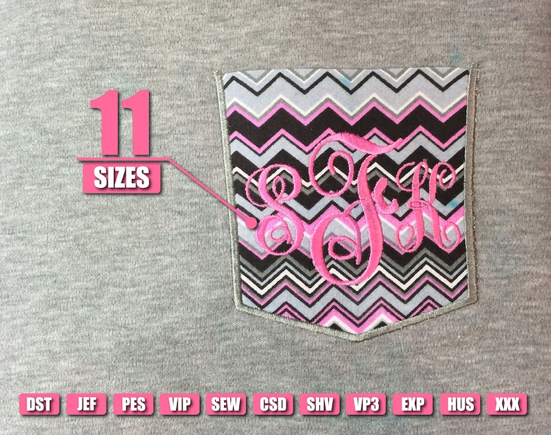 May include: A gray sweatshirt with a pink and black chevron pocket. The pocket has a pink monogram embroidered on it. The text "11 SIZES" is written in pink on the sweatshirt. The text "DST JEF PES VIP SEW CSD SHV VP3 EXP HUS XXX" is written in white on a gray background.