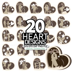 Puede incluir: Veinte diseños en forma de corazón con diferentes parejas en silueta. Los diseños son perfectos para manualidades, scrapbooking y otros proyectos creativos.  SVG EPS DXF PNG PDF DESCARGA DIGITAL