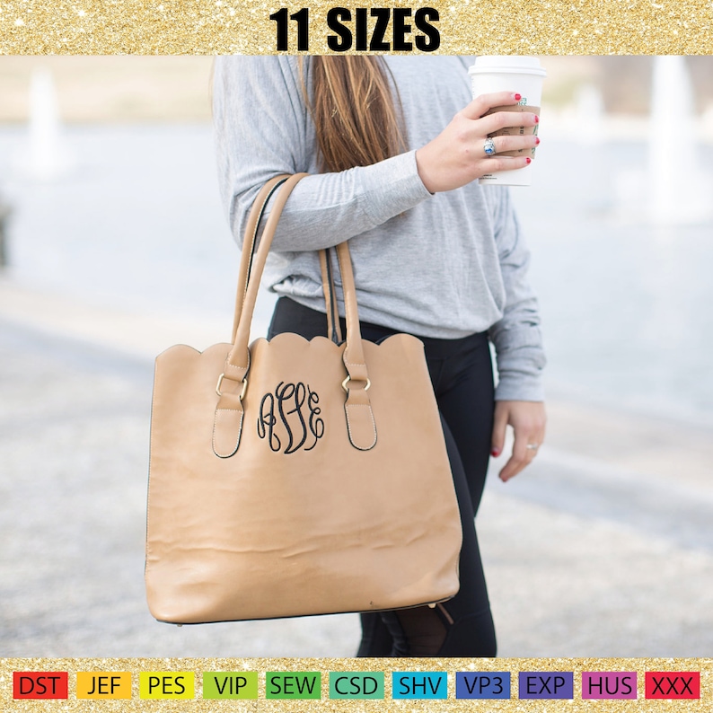 May include: A tan tote bag with a scalloped top edge and gold-colored hardware. The bag features a black monogram and two handles. The text "11 SIZES" is at the top. The bag is being held by a person.