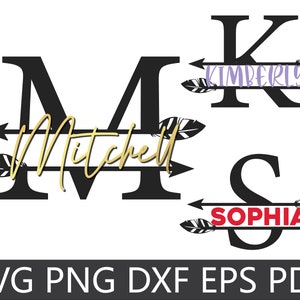 May include: Black and white monogram initials with arrow and feather accents. The initials are "M" and "S" with the names "Mitchell" and "Sophia" written on the arrows.