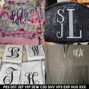 May include: A collection of embroidered fabric with various monogram initials, including AM, SL, B, W, T, K, and CM. The fabric is in a variety of colors, including white, pink, and gray. The text PES DST JEF VIP SEW CSD SHV VP3 EXP HUS XXX is visible at the bottom of the image.