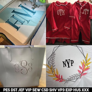 May include: A collection of embroidery designs featuring various monograms and lettering. The designs include "HM", "OTK", "ITT", "NYP", and a monogram with the letters "S" and "S". The designs are shown on different fabrics, including a blue and white fabric, a red fabric, and a white fabric.