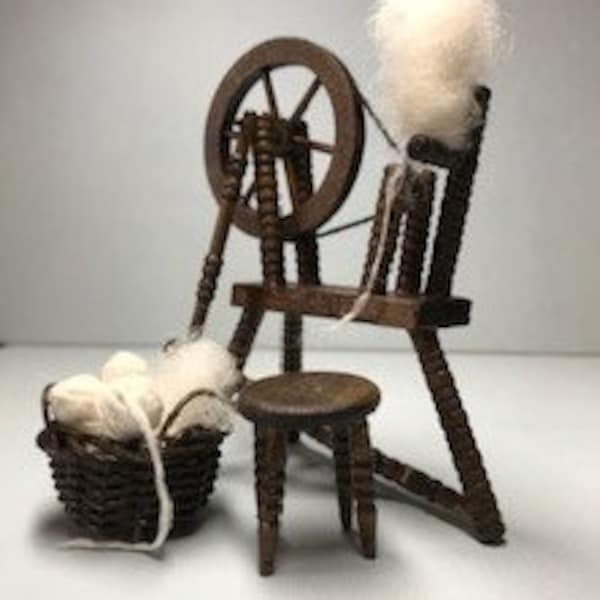 Mini Spinning Wheel Stool & Wool Basket 1/12th One Inch scale Artisan Hand made Wood Tudor Manor Primitive Colonial Cottage
