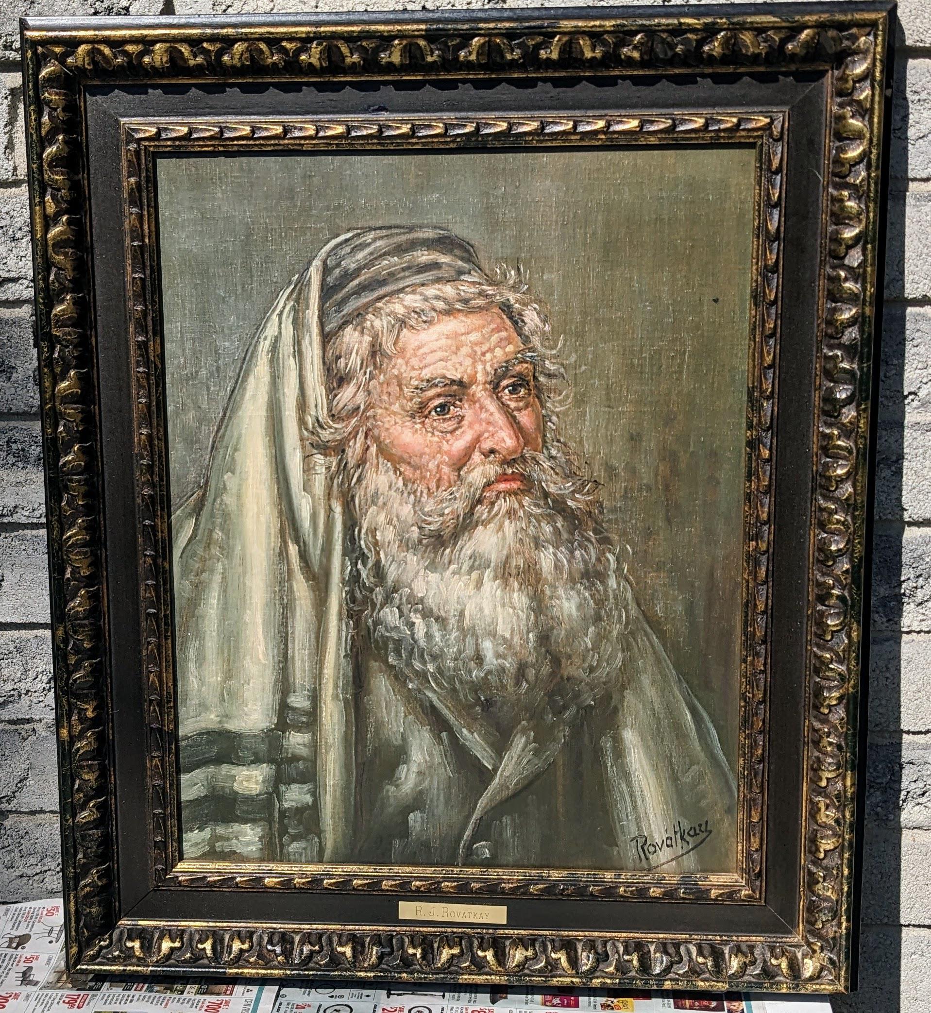 Antique Oil Painting in a Wooden Frame - Jewish Rabbi Portrait