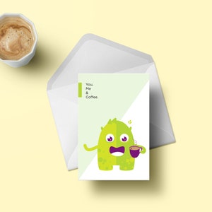 Wenskaart | Monster | Koffie | Illustratief | 4x6inches | Blanco binnenin | Groen | Liefde