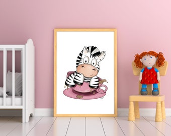 Cute zebra, wall art, print, download, pdf, jpg, png, downloadable, printable, personalized, nusery decor, nursery wall art, kids, pink