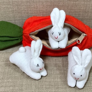 Textile Bunnies in an Organic Cotton Carrot Pouch / Easter Rabbit / Carrot Purse