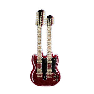 May include: An embroidered patch shaped like a double-neck electric guitar. The body is red with black pickguards and gold-colored hardware details. The two long necks feature gold fretboards and black headstocks, all outlined in a white border.