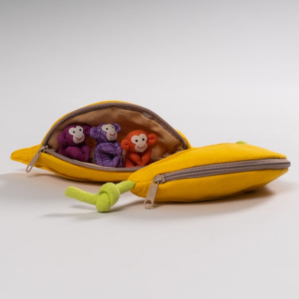 CUTE Monkeys in a Banana Zip Pouch / Purse - Handmade & Unique Gift - Toy - Home Decoration