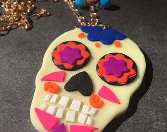 Sugar Skull Clay Pendant Necklace