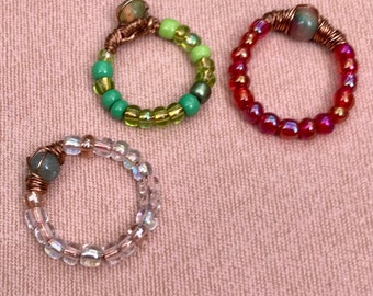 Glass Bead and Gemstone wire-wrapped rings