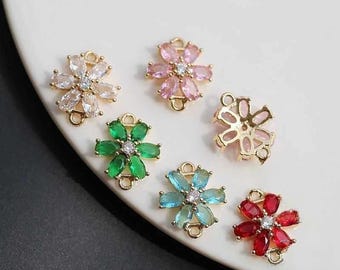 6pcs Cubic Zirconia Flower Connector, Gold Plated Brass CZ Pave Charms, DIY Earrings Material