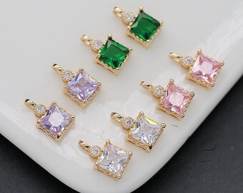 10pcs Square Zircon Pendant, Gold Plated CZ Pave Charms, Jewelry supply 6x11mm
