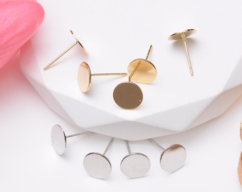 10pcs 6mm-10mm Gold Plated Flat Round Earring Post, Brass Disc Ear Studs, DIY Components