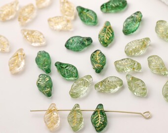 10 piezas de dijes de hojas de vidrio con cuentas, colgantes de hojas con cuentas, material para joyería DIY