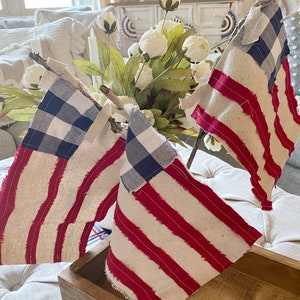 American flags 4th of July home decor rustic red white and blue stars set of three flags  farmhouse