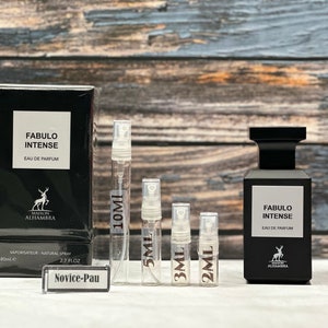 May include: A set of perfume bottles in various sizes, including a 2 ml, 3 ml, 5 ml, and 10 ml bottle. The bottles are all clear glass with black spray tops. The larger bottle is black with a silver label that reads "Fabulo Intense Eau de Parfum Maison Alhambra".