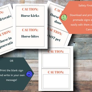 May include: Printed signs with the word "CAUTION" in coral, featuring warnings like "Horse kicks" and "Horse bites." The signs are designed for horse safety and include blank templates for custom messages. The image also promotes Canva editing.