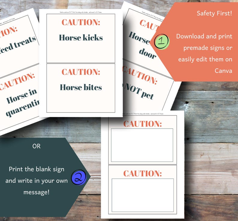 May include: Printed signs with the word "CAUTION" in coral, featuring warnings like "Horse kicks" and "Horse bites." The signs are designed for horse safety and include blank templates for custom messages. The image also promotes Canva editing.