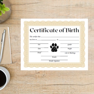 Afdrukbare puppy-geboorteakte | Geboorteakte hond | Geboorteakte huisdier | geboorteakte adoptie