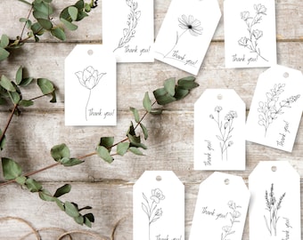 Utskrivbara presentetiketter med vildblommor: Svartvita blommiga tackkort (nedladdning direkt)