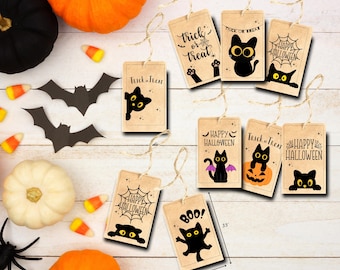 Etiquetas para bolsas de regalo de Halloween con diseño de gato negro: etiquetas imprimibles para regalos de fiesta (PDF)