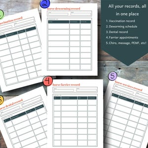 May include: A collection of horse record sheets, including vaccination, deworming, dental, farrier, and other services. Each sheet has a header and a grid for detailed entries. The text "All your records, all in one place" is also visible.