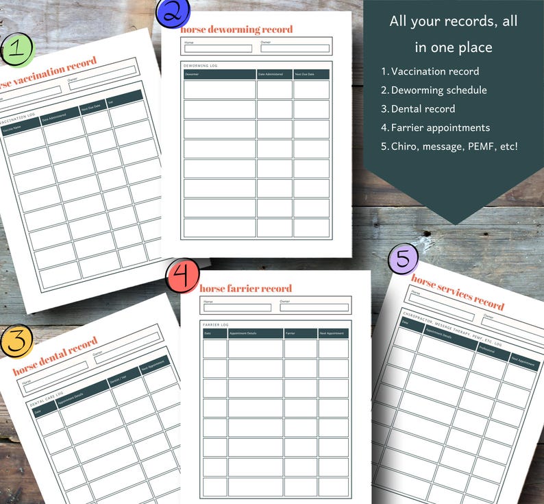 May include: A collection of horse record sheets, including vaccination, deworming, dental, farrier, and other services. Each sheet has a header and a grid for detailed entries. The text "All your records, all in one place" is also visible.