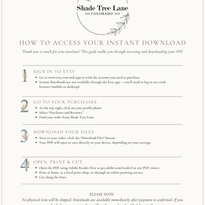 May include: A cream-colored guide titled "HOW TO ACCESS YOUR INSTANT DOWNLOAD" from Shade Tree Lane. The guide provides instructions on downloading a PDF from Etsy, including signing in, accessing purchases, downloading files, and printing.