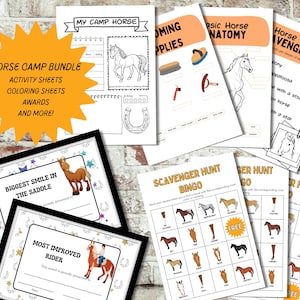 May include: A collection of horse-themed activity sheets, coloring pages, and awards. The sheets include a horse anatomy diagram, a scavenger hunt bingo game, and pages for drawing and coloring. The text reads "Horse Camp Bundle" and "My Camp Horse".