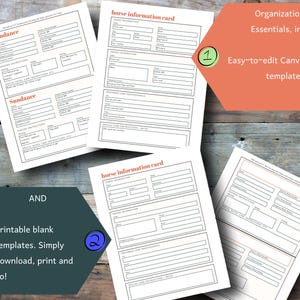 May include: Several white printable horse information cards and templates are displayed on a wooden surface. The cards have a header that reads "horse information card" in a red font. The image also includes the text "Organization Essentials, in: Easy-to-edit Canva templates."