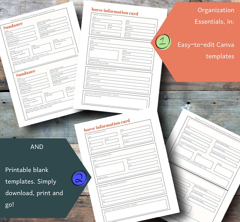May include: Several white printable horse information cards and templates are displayed on a wooden surface. The cards have a header that reads "horse information card" in a red font. The image also includes the text "Organization Essentials, in: Easy-to-edit Canva templates."