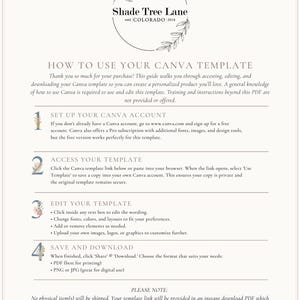 May include: A beige digital download guide titled "HOW TO USE YOUR CANVA TEMPLATE." The guide includes instructions on setting up a Canva account, accessing, editing, and saving the template. The guide is from Shade Tree Lane, estd Colorado 2018.
