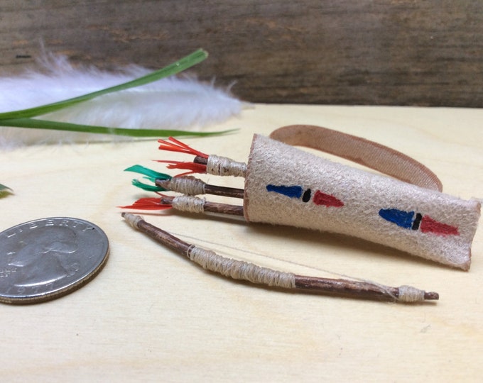 Miniature Lakota Sioux Bow, Arrow, and Quiver Set for Miniature Indians or Dollhouse People or