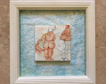 The Baths: Original Mixed Media Painting by Tazz. 7.25" X 7 1/8" X 7/8" Framed. Outsider Art. Ready to Hang.