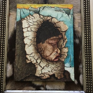 Eskimo Pie: Original Mixed Media Painting by Tazz. 25&quot; X 21&quot; X 1.5&quot; Framed & Matted (cowhide matte) by Artist. Outsider Art.