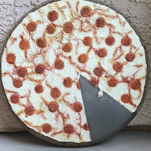 Pepperoni Pizza: Original Mixed Media Painting by Tazz. Circular Painting on Canvas 25&quot; Diameter. Ready to Hang.