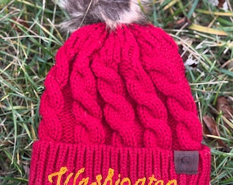Washington Football Pom Pom Beanie | Hand Embroidery | Custom Baby, Toddler, Adult Winter Hat | Sports Team Apparel | Playoff Team