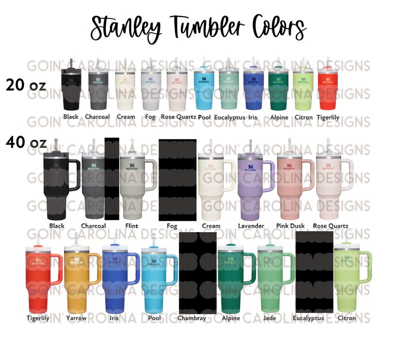 Peut inclure: Un tableau montrant les diff&eacute;rentes couleurs disponibles pour les gobelets Stanley de 20 oz et 40 oz. Les couleurs incluent le noir, le charbon de bois, la cr&egrave;me, le brouillard, le quartz rose, la piscine, l'eucalyptus, l'iris, l'alpin, le citron, le tigerlily, le silex, la lavande, le rose cr&eacute;puscule et le quartz rose.