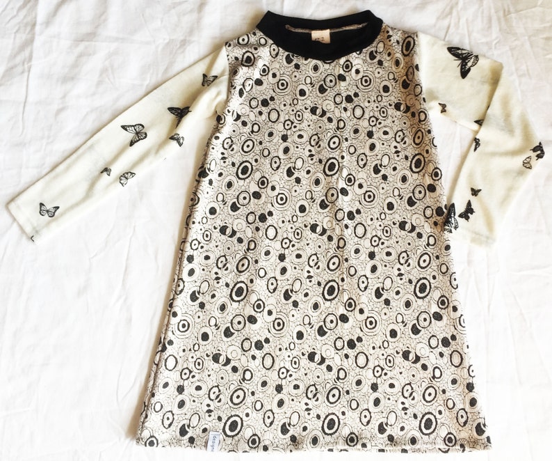 Jacquard Knit Dress Stretch Dress Birthday Wool Dress Knitted Dress Long Sleeve Beige Black Circles Dots Animals Butterflies 122 128